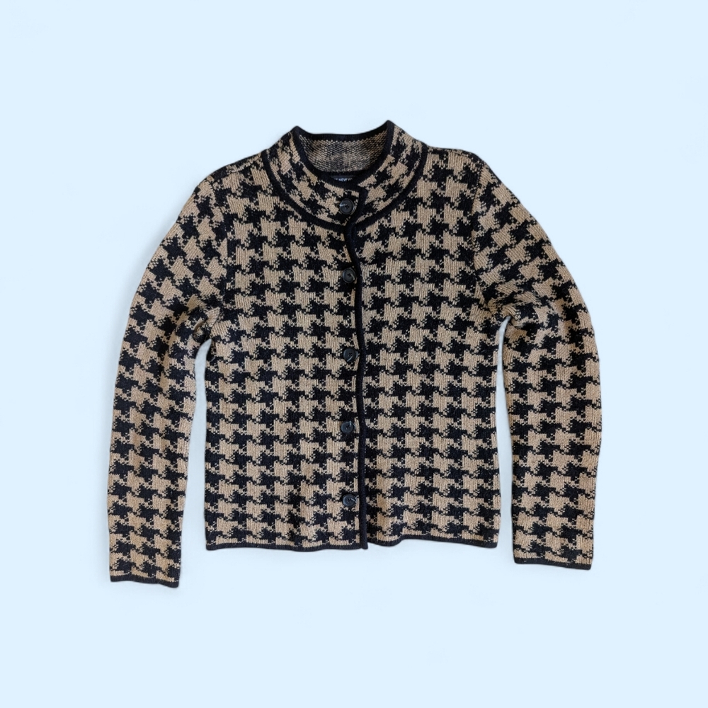 SOLD Jones New York Wool Blend Tan/Black Houndstooth Mock Neck Cardigan Size S - Picture 2 of 6